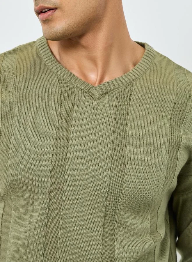 Styli Men Green Ribbed Knitted Sweater